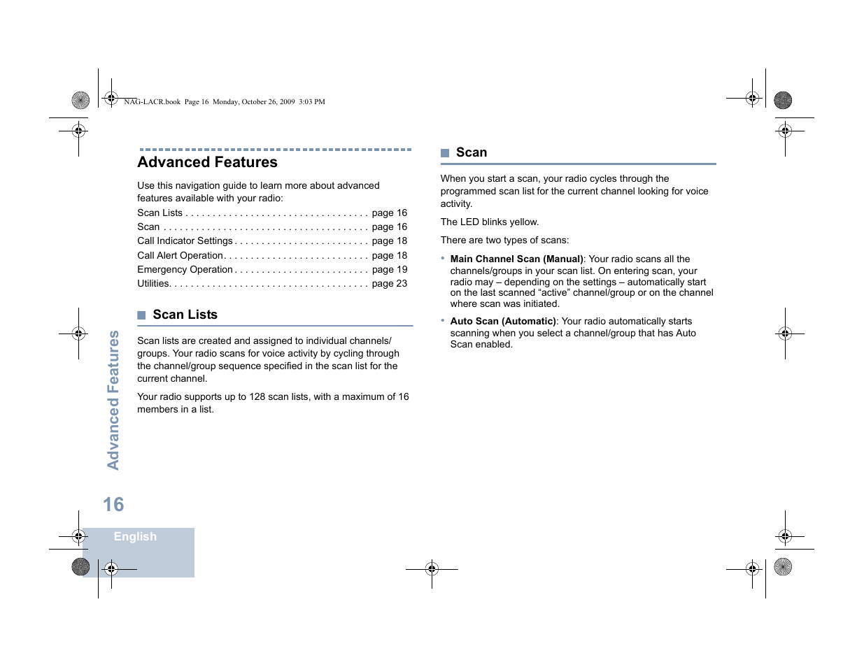 Advanced features, Scan lists, Scan | Scan lists scan | Motorola MOTOTRBO XPR 6380 User Manual | Page 24 / 42