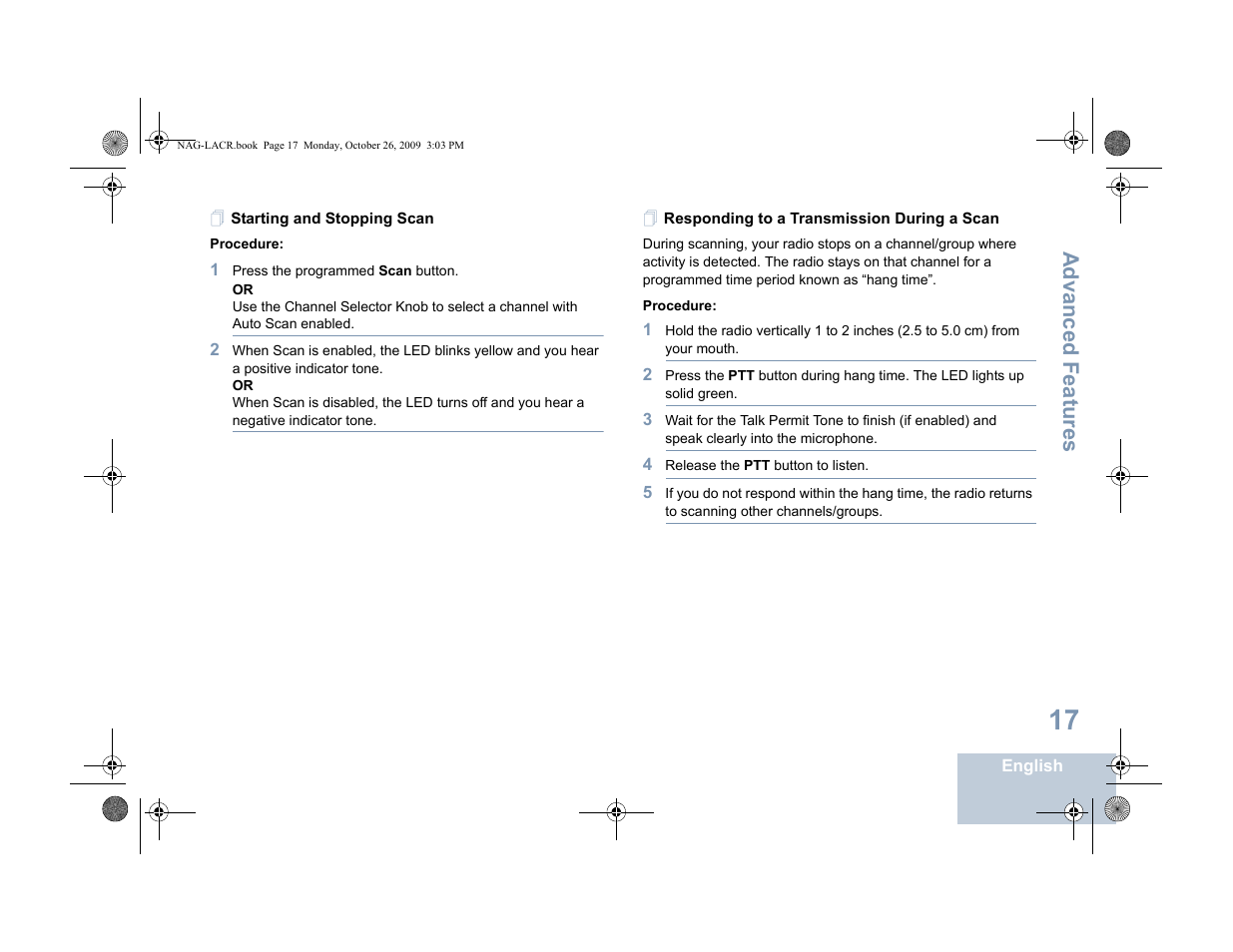 Starting and stopping scan, Responding to a transmission during a scan, Advanced features | Motorola MOTOTRBO XPR 6380 User Manual | Page 25 / 42