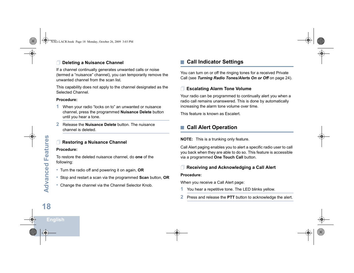 Deleting a nuisance channel, Restoring a nuisance channel, Call indicator settings | Escalating alarm tone volume, Call alert operation, Receiving and acknowledging a call alert, Advanced features | Motorola MOTOTRBO XPR 6380 User Manual | Page 26 / 42