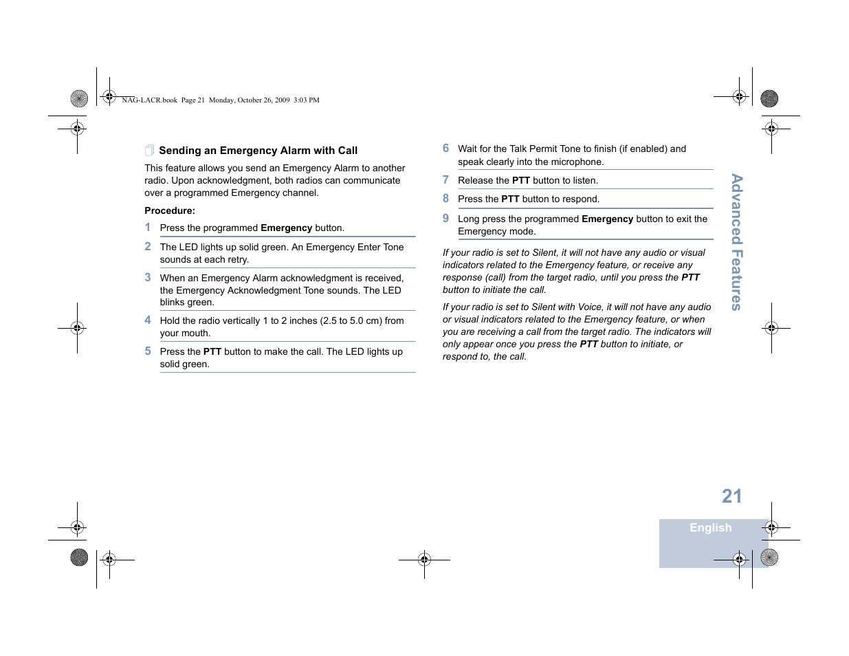Sending an emergency alarm with call, Advanced features | Motorola MOTOTRBO XPR 6380 User Manual | Page 29 / 42