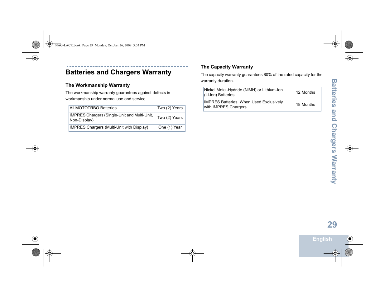 Batteries and chargers warranty, The workmanship warranty, The capacity warranty | Batteries and chargers w arranty | Motorola MOTOTRBO XPR 6380 User Manual | Page 37 / 42