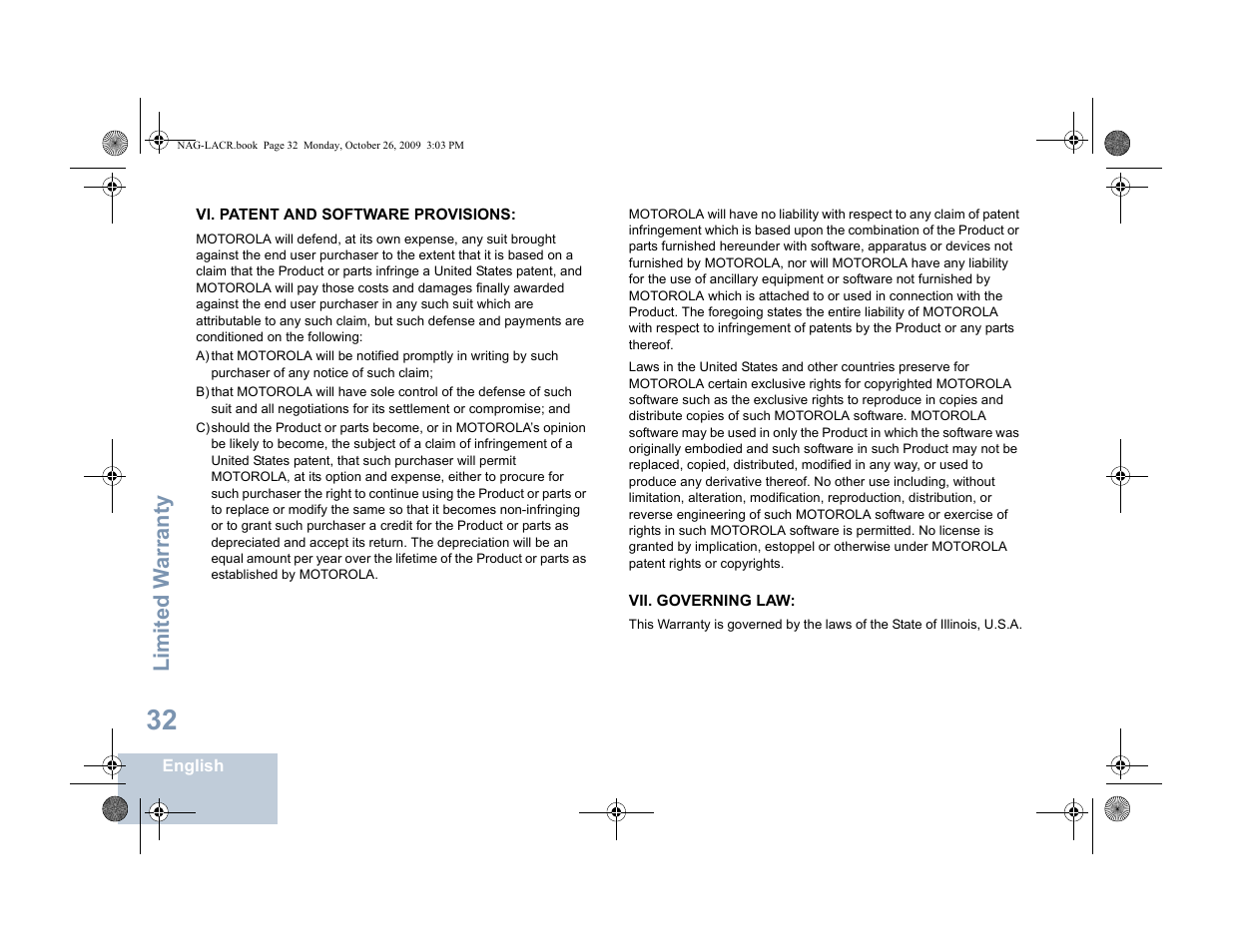 Vi. patent and software provisions, Vii. governing law, Limited w arranty | Motorola MOTOTRBO XPR 6380 User Manual | Page 40 / 42