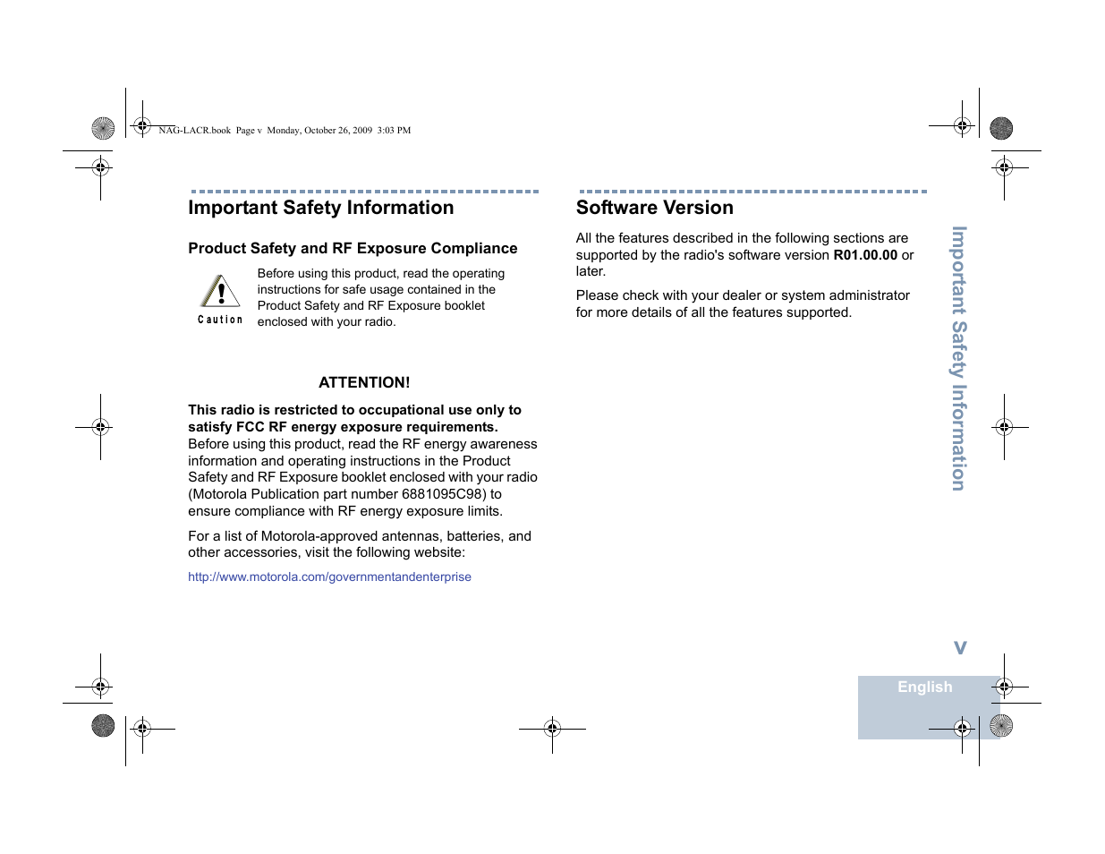 Important safety information, Product safety and rf exposure compliance, Software version | Product safety and rf exposure compliance . . . v | Motorola MOTOTRBO XPR 6380 User Manual | Page 7 / 42