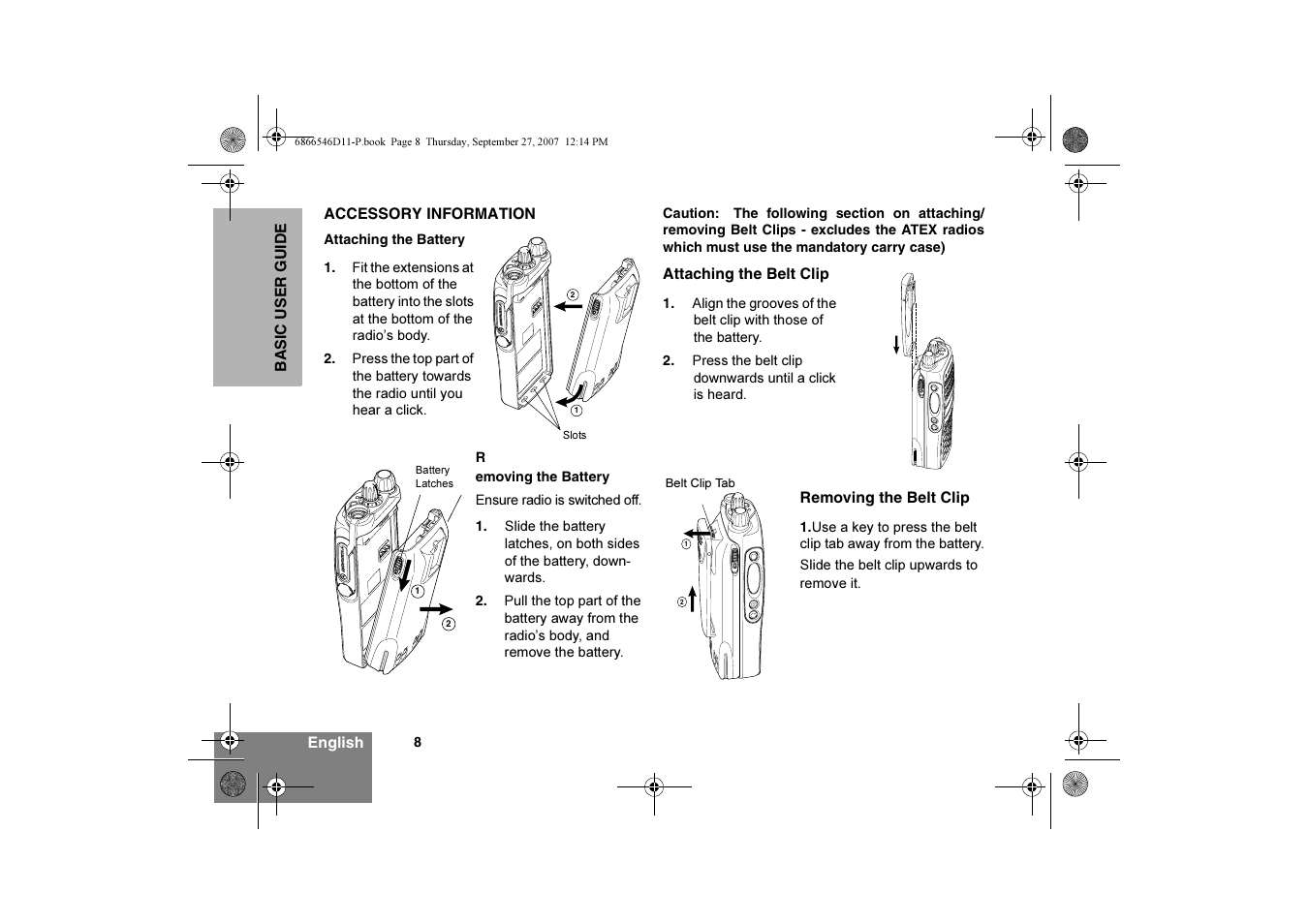 Accessory information, Attaching the battery, Attaching the belt clip | Removing the belt clip | Motorola GP340 EX User Manual | Page 10 / 18