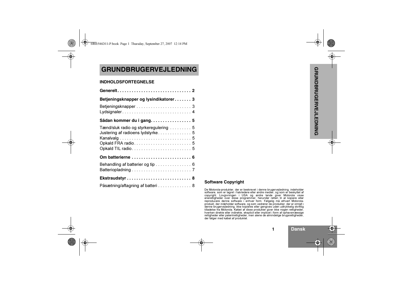 Grundbrugervejledning, Indholdsfortegnelse, Software copyright | Motorola GP340 EX User Manual | Page 11 / 18