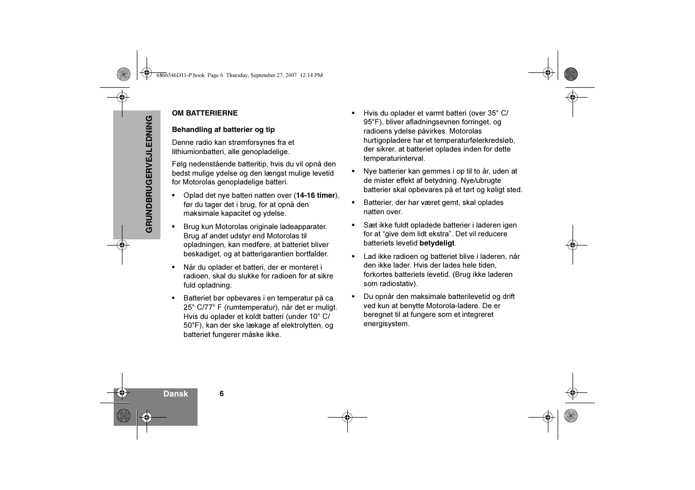 Om batterierne, Behandling af batterier og tip | Motorola GP340 EX User Manual | Page 16 / 18