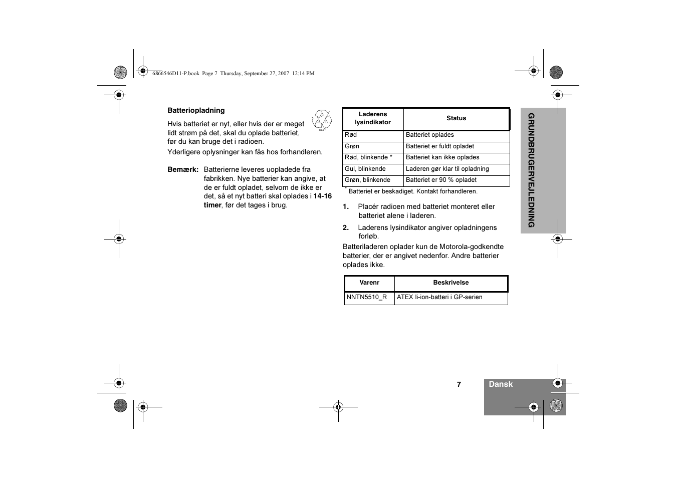 Batteriopladning | Motorola GP340 EX User Manual | Page 17 / 18