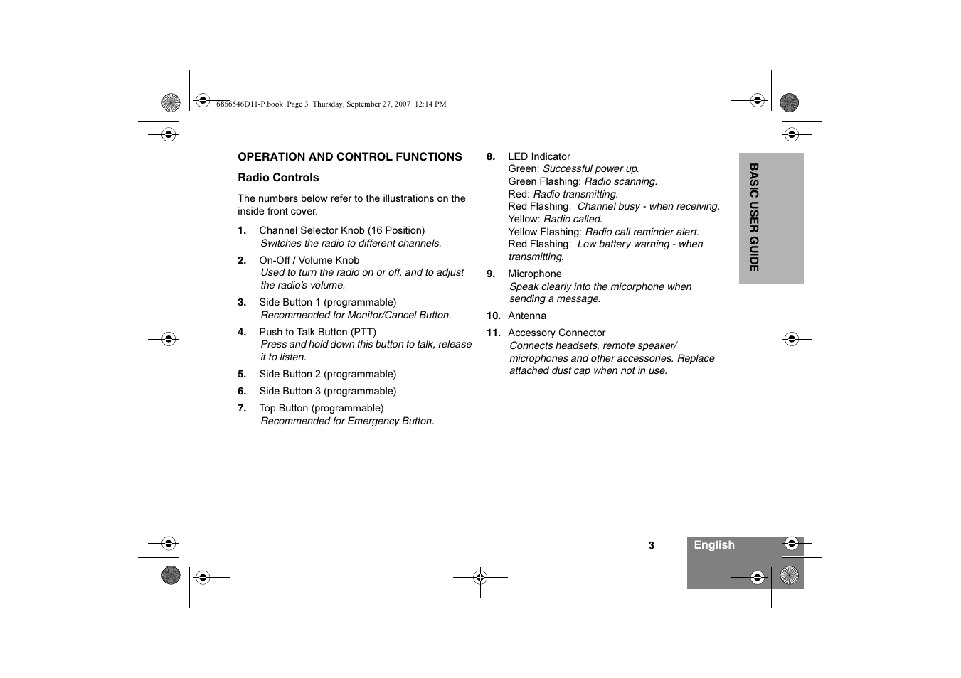 Operation and control functions, Radio controls | Motorola GP340 EX User Manual | Page 5 / 18