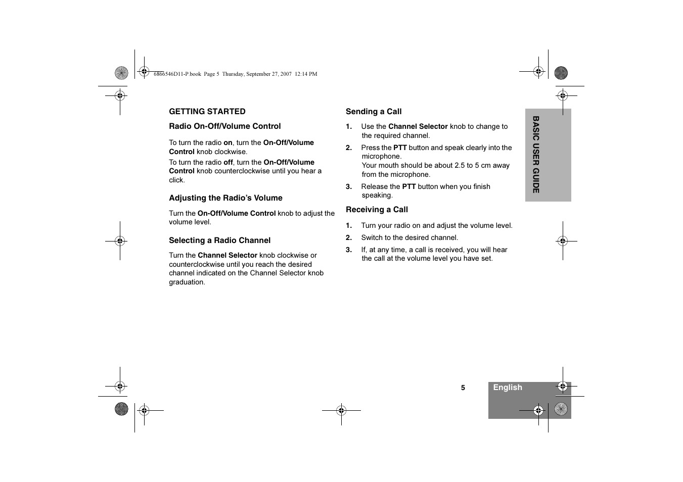 Getting started, Radio on-off/volume control, Adjusting the radio’s volume | Selecting a radio channel, Sending a call, Receiving a call | Motorola GP340 EX User Manual | Page 7 / 18