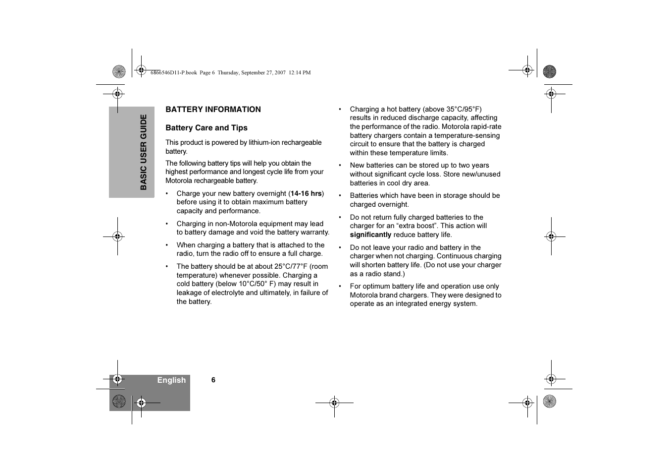 Battery information, Battery care and tips | Motorola GP340 EX User Manual | Page 8 / 18