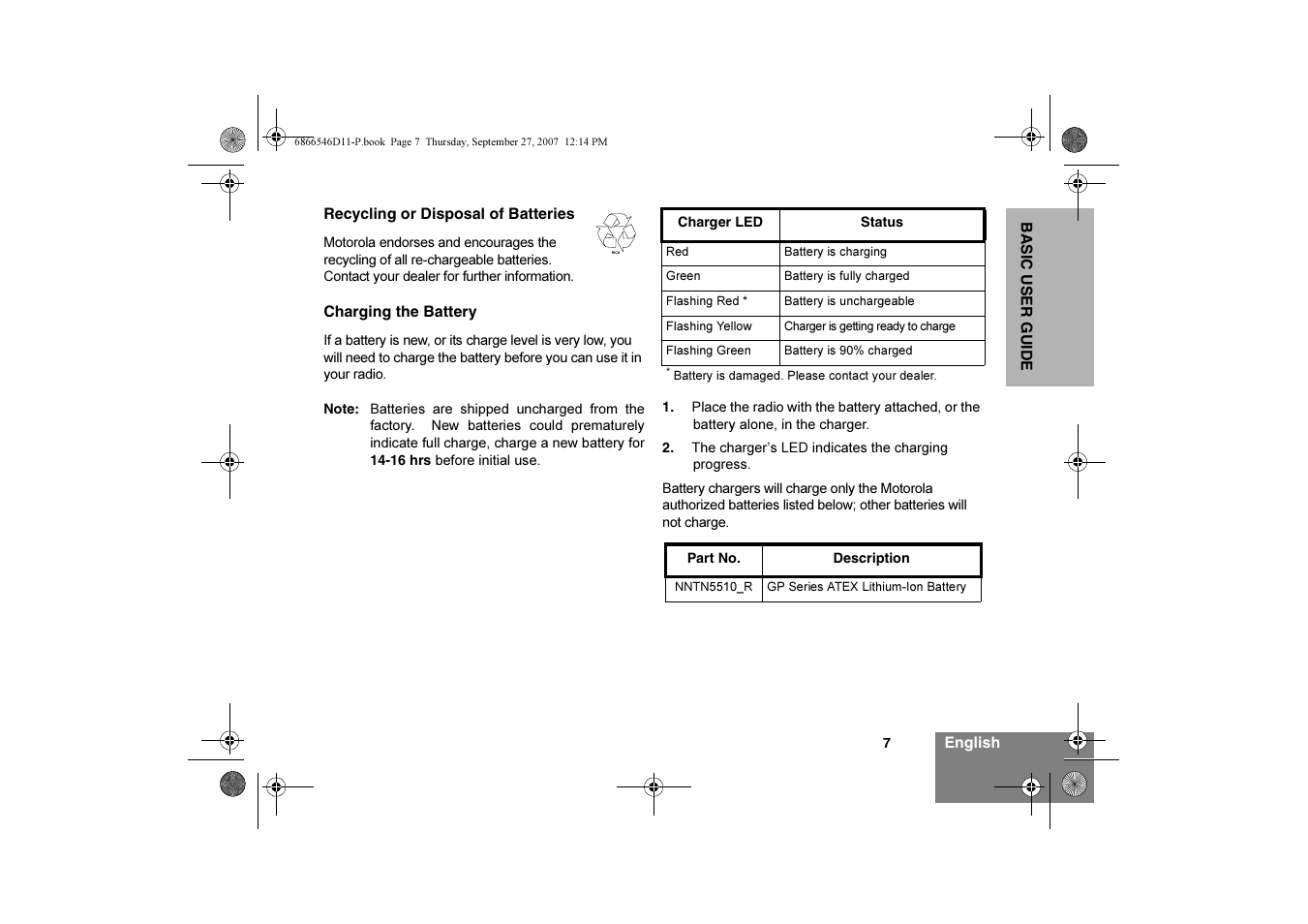 Recycling or disposal of batteries, Charging the battery | Motorola GP340 EX User Manual | Page 9 / 18