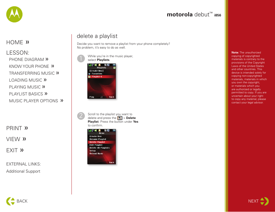 Motorola debut, Delete a playlist | Motorola DEBUT I856 User Manual | Page 10 / 11