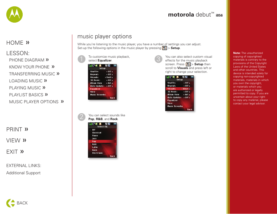 Music player options, Motorola debut | Motorola DEBUT I856 User Manual | Page 11 / 11