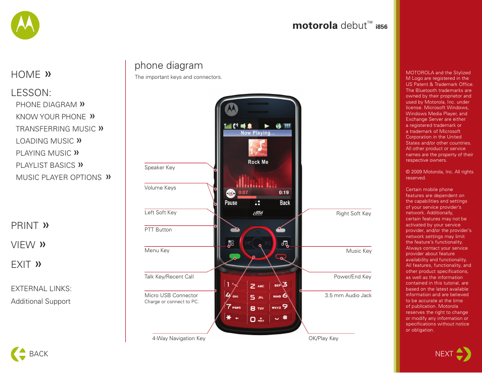 Phone diagram, Motorola debut, Home | Lesson, Print, View, Exit | Motorola DEBUT I856 User Manual | Page 2 / 11