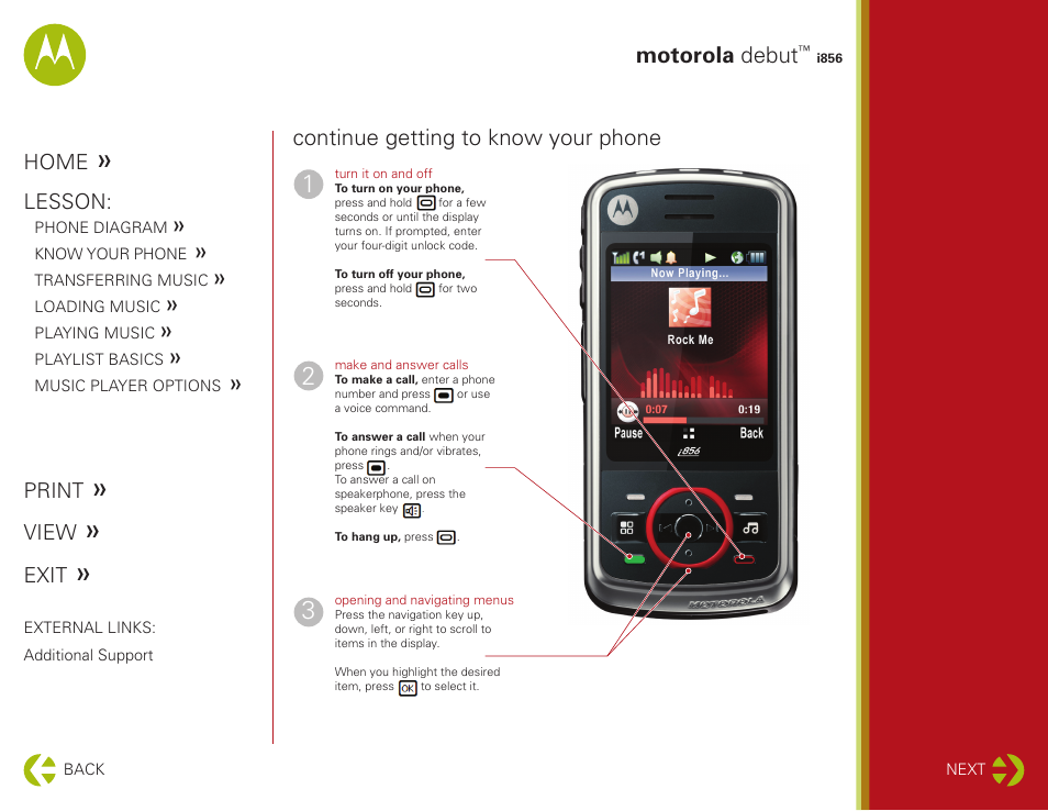 Know your phone, Motorola debut, Continue getting to know your phone | Motorola DEBUT I856 User Manual | Page 3 / 11