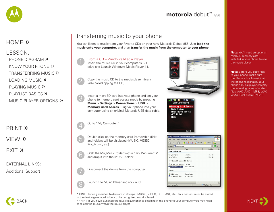 Transferring music, Motorola debut, Transferring music to your phone | Motorola DEBUT I856 User Manual | Page 4 / 11