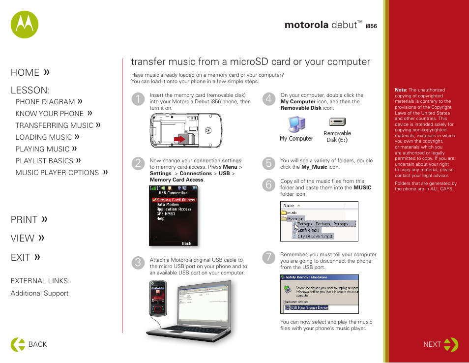 Motorola debut, Home, Lesson | Print, View, Exit | Motorola DEBUT I856 User Manual | Page 5 / 11