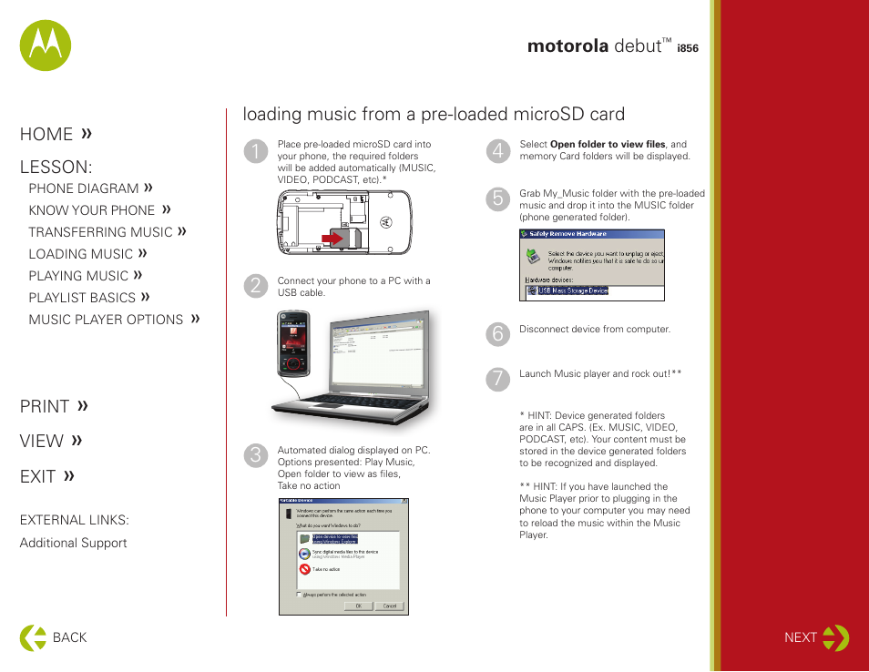 Loading music, Motorola debut, Loading music from a pre-loaded microsd card | Motorola DEBUT I856 User Manual | Page 6 / 11