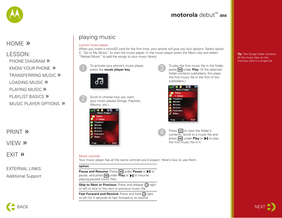 Playing music, Motorola debut | Motorola DEBUT I856 User Manual | Page 7 / 11