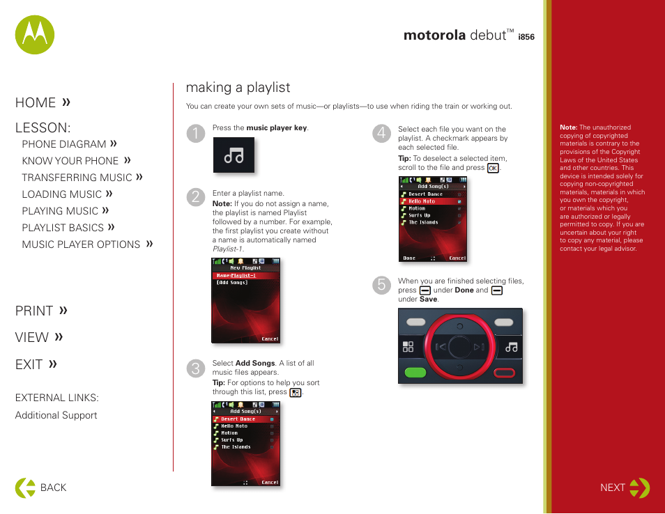 Playlist basics, Motorola debut, Making a playlist | Motorola DEBUT I856 User Manual | Page 8 / 11