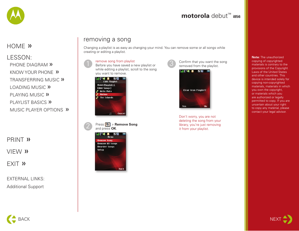 Motorola debut, Removing a song | Motorola DEBUT I856 User Manual | Page 9 / 11