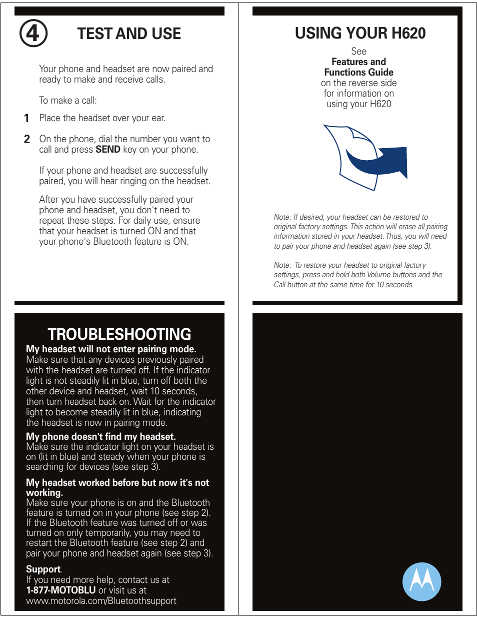 Test and use, Using your h620, Troubleshooting | Motorola H620 User Manual | Page 3 / 6