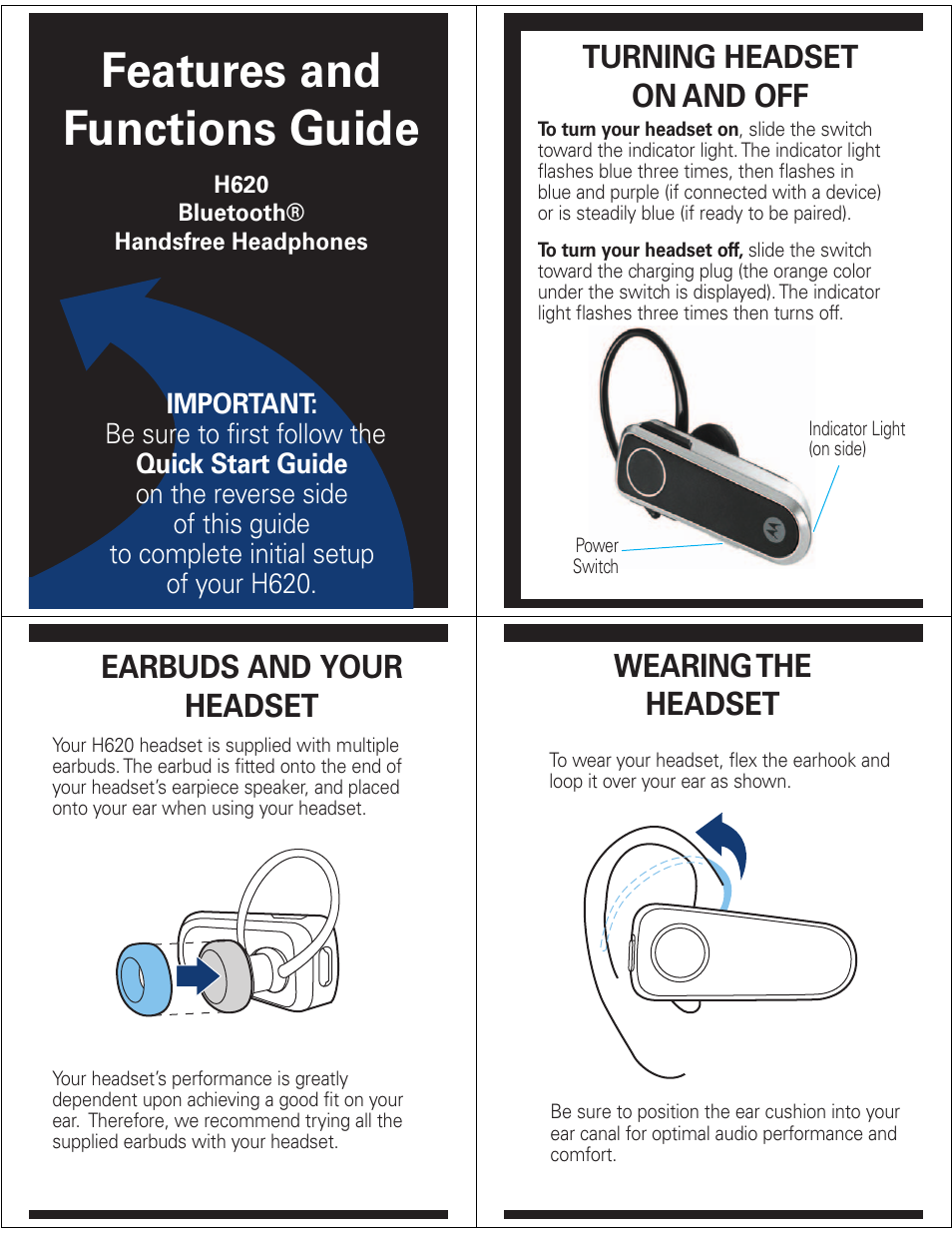 Features and functions guide, Turning headset on and off, Earbuds and your headset | Wearing the headset | Motorola H620 User Manual | Page 4 / 6