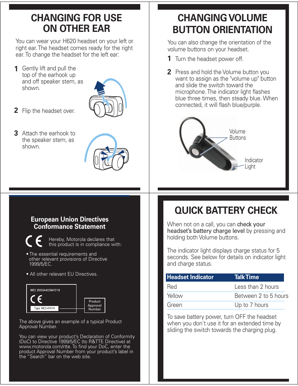 Changing for use on other ear, Changing volume button orientation, Quick battery check | Motorola H620 User Manual | Page 5 / 6