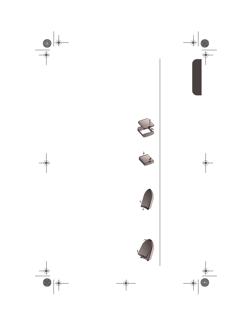 Removing and attaching battery covers, Removing the main battery cover, Attaching the main battery cover | Removing the auxiliary battery cover, Attaching the auxiliary battery cover | Motorola digital cellular phone User Manual | Page 13 / 95