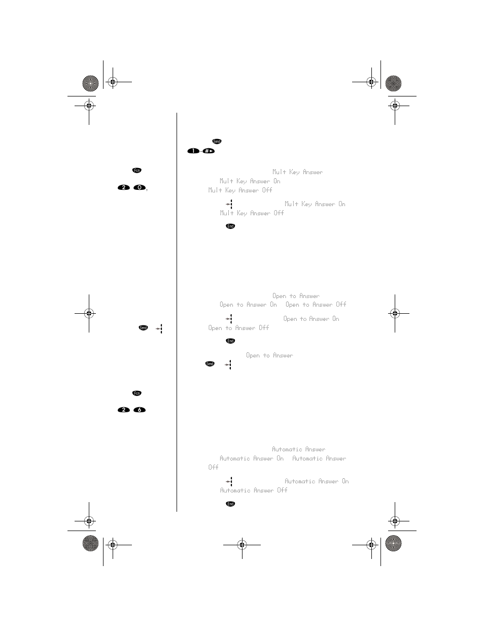 Multiple key answer, Open to answer, Automatic answer | Motorola digital cellular phone User Manual | Page 82 / 95