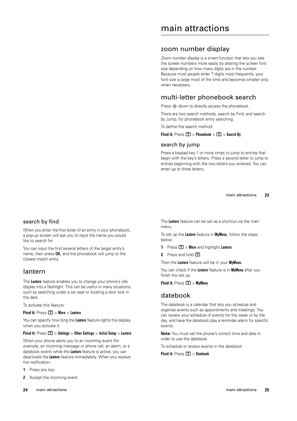 Main attractions, Zoom number display, Multi-letter phonebook search | Lantern, Datebook | Motorola C139 User Manual | Page 10 / 26