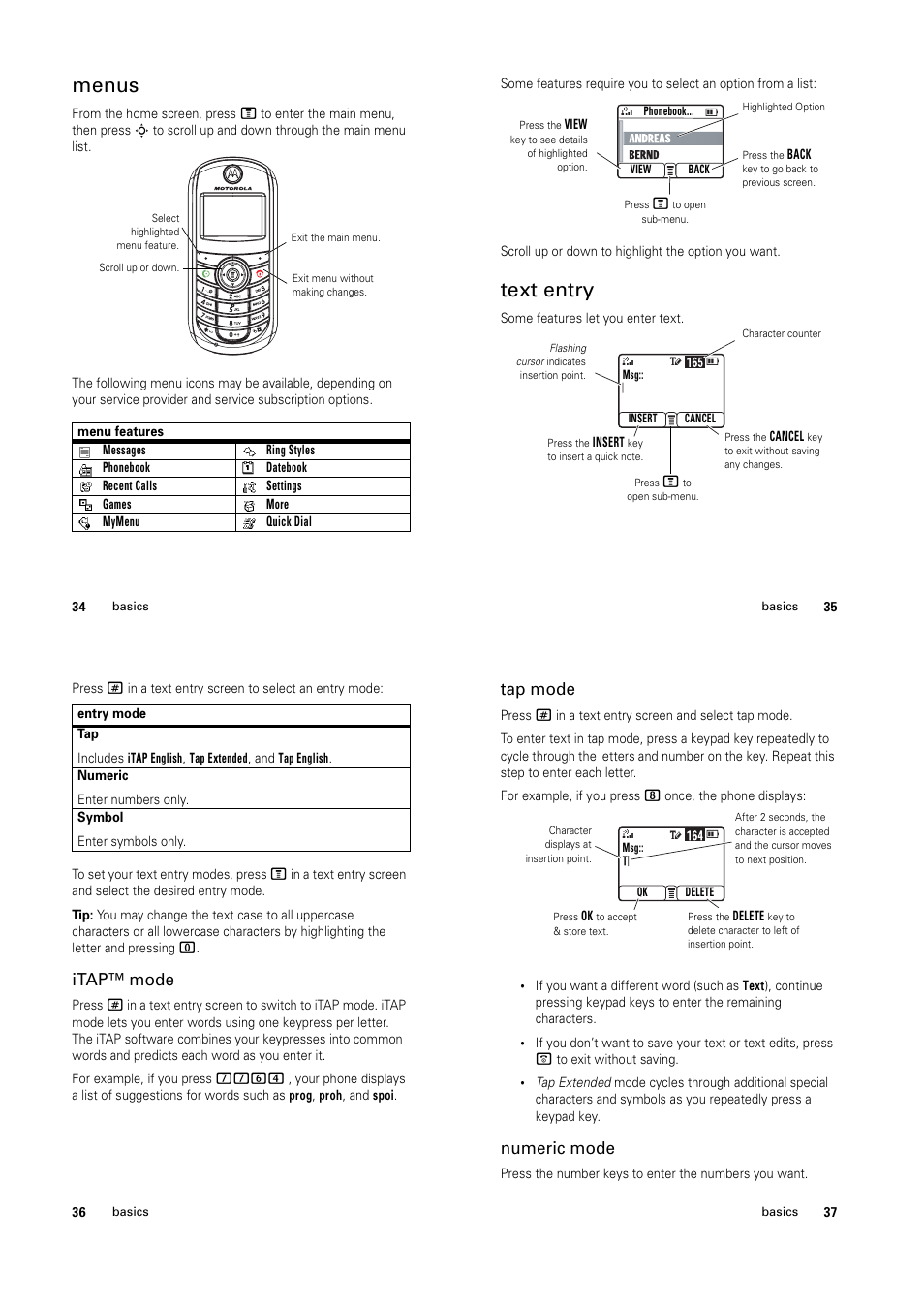 Menus, Text entry, Itap™ mode | Tap mode, Numeric mode | Motorola C139 User Manual | Page 14 / 26