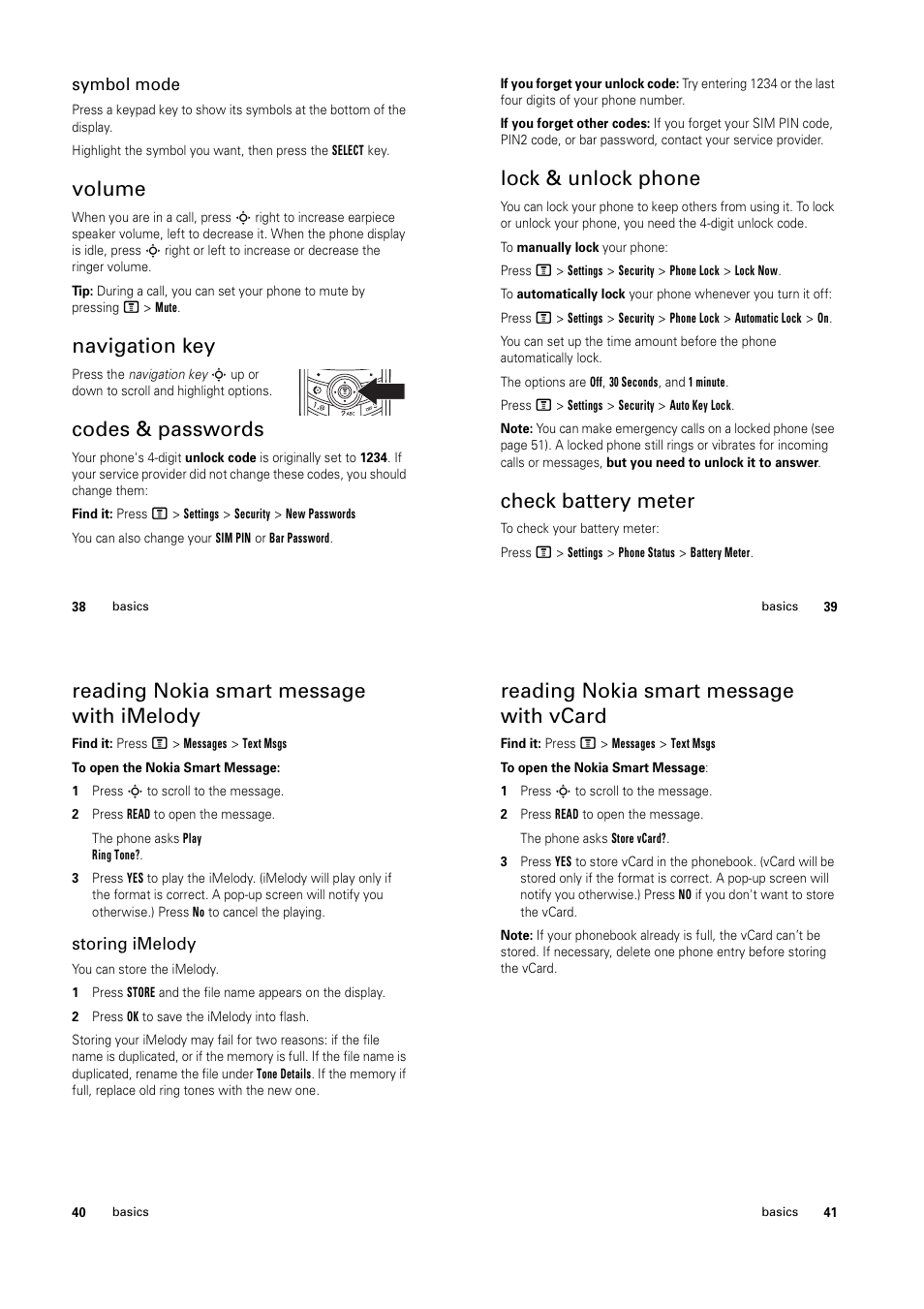 Volume, Navigation key, Codes & passwords | Lock & unlock phone, Check battery meter, Reading nokia smart message with imelody, Reading nokia smart message with vcard | Motorola C139 User Manual | Page 15 / 26