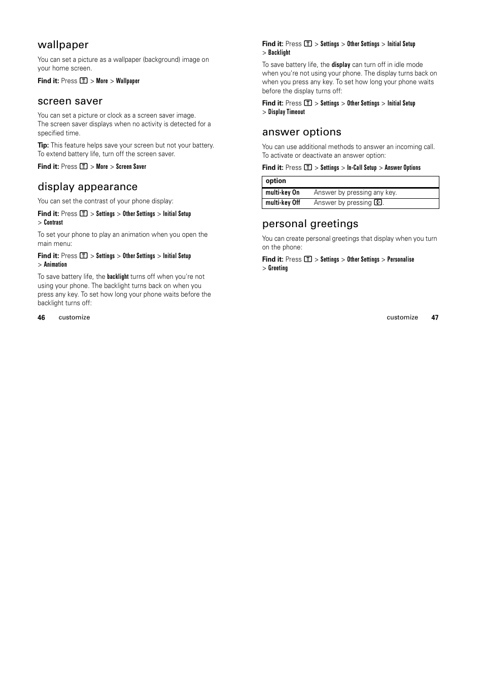 Wallpaper, Screen saver, Display appearance | Answer options, Personal greetings | Motorola C139 User Manual | Page 17 / 26