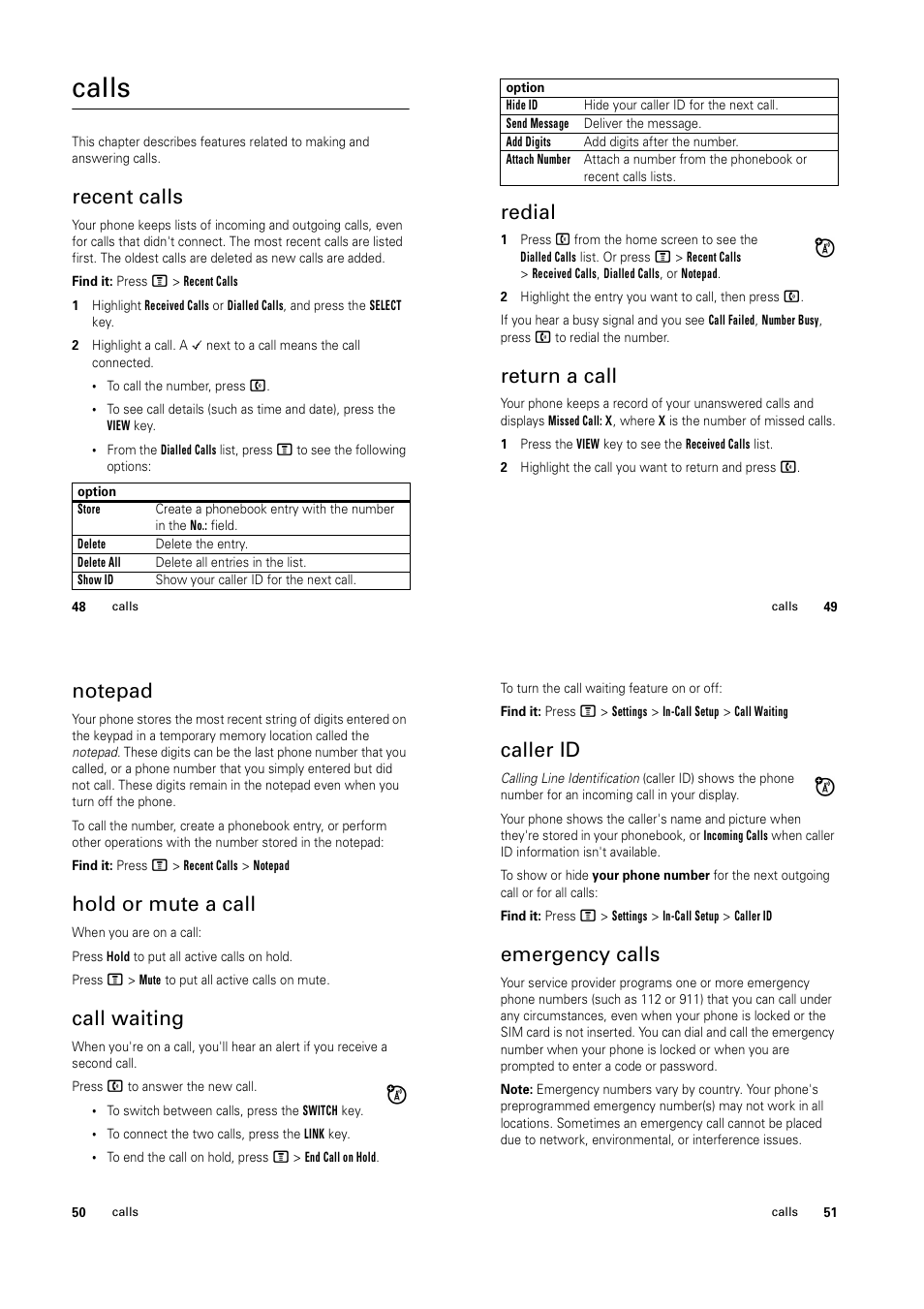 Calls, Recent calls, Redial | Return a call, Hold or mute a call, Call waiting, Caller id, Emergency calls | Motorola C139 User Manual | Page 18 / 26