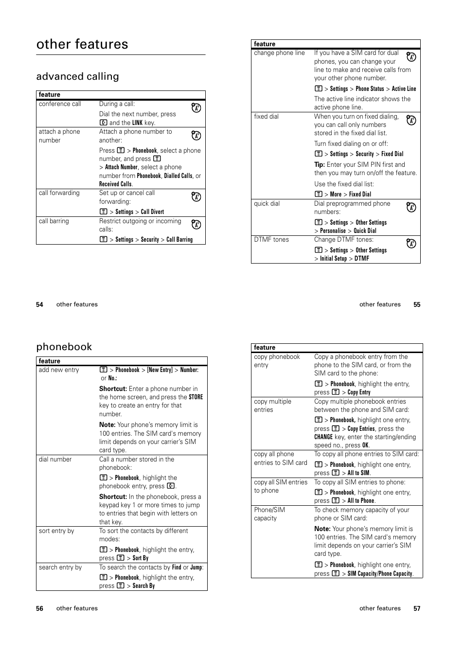 Other features, Advanced calling, Phonebook | Motorola C139 User Manual | Page 20 / 26