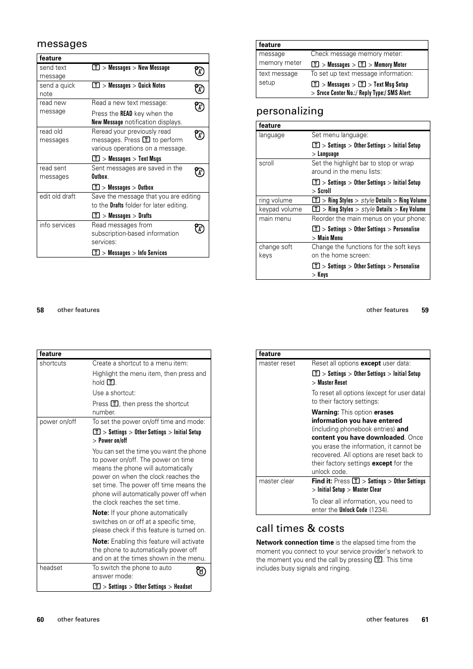 Messages, Personalizing, Call times & costs | Motorola C139 User Manual | Page 21 / 26