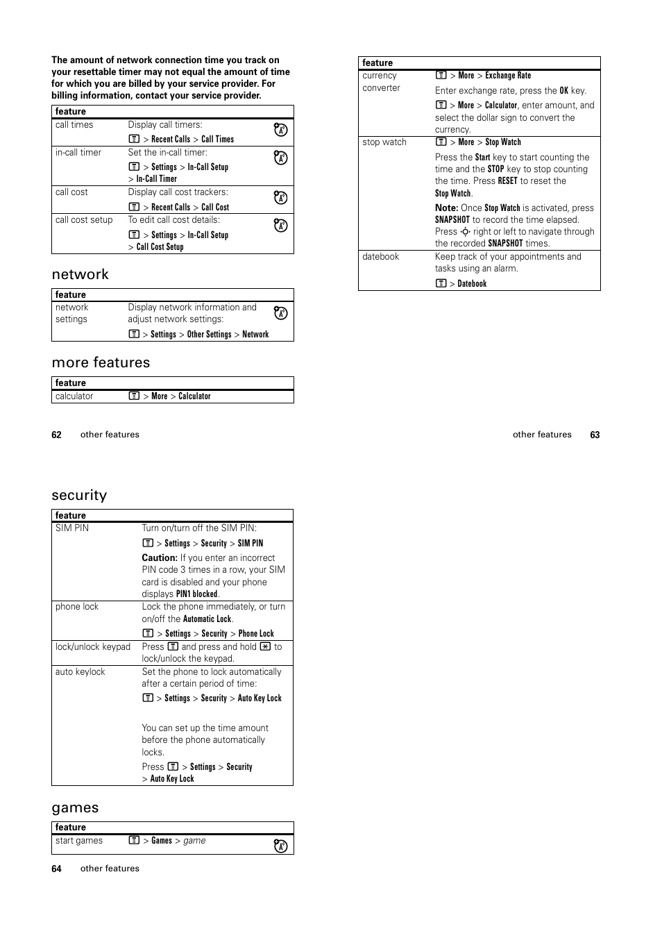 Network more features, Security games | Motorola C139 User Manual | Page 22 / 26