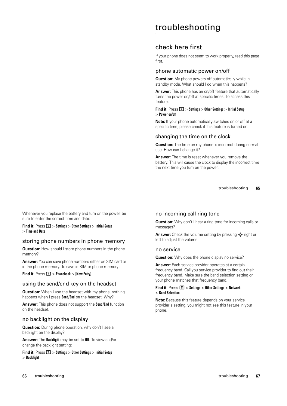 Troubleshooting, Check here first | Motorola C139 User Manual | Page 23 / 26