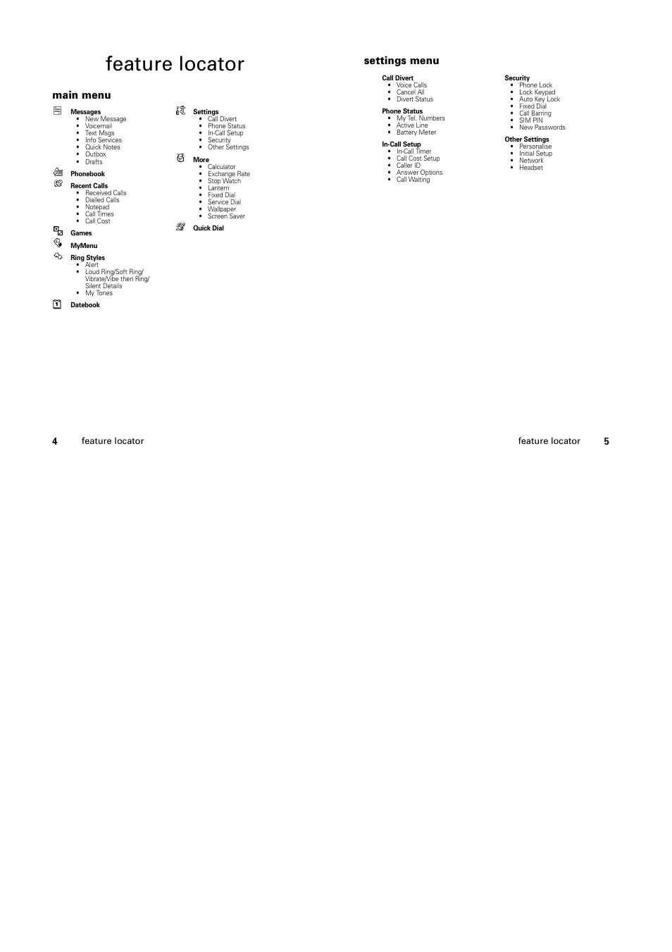 Feature locator, Main menu, Settings menu | Motorola C139 User Manual | Page 3 / 26