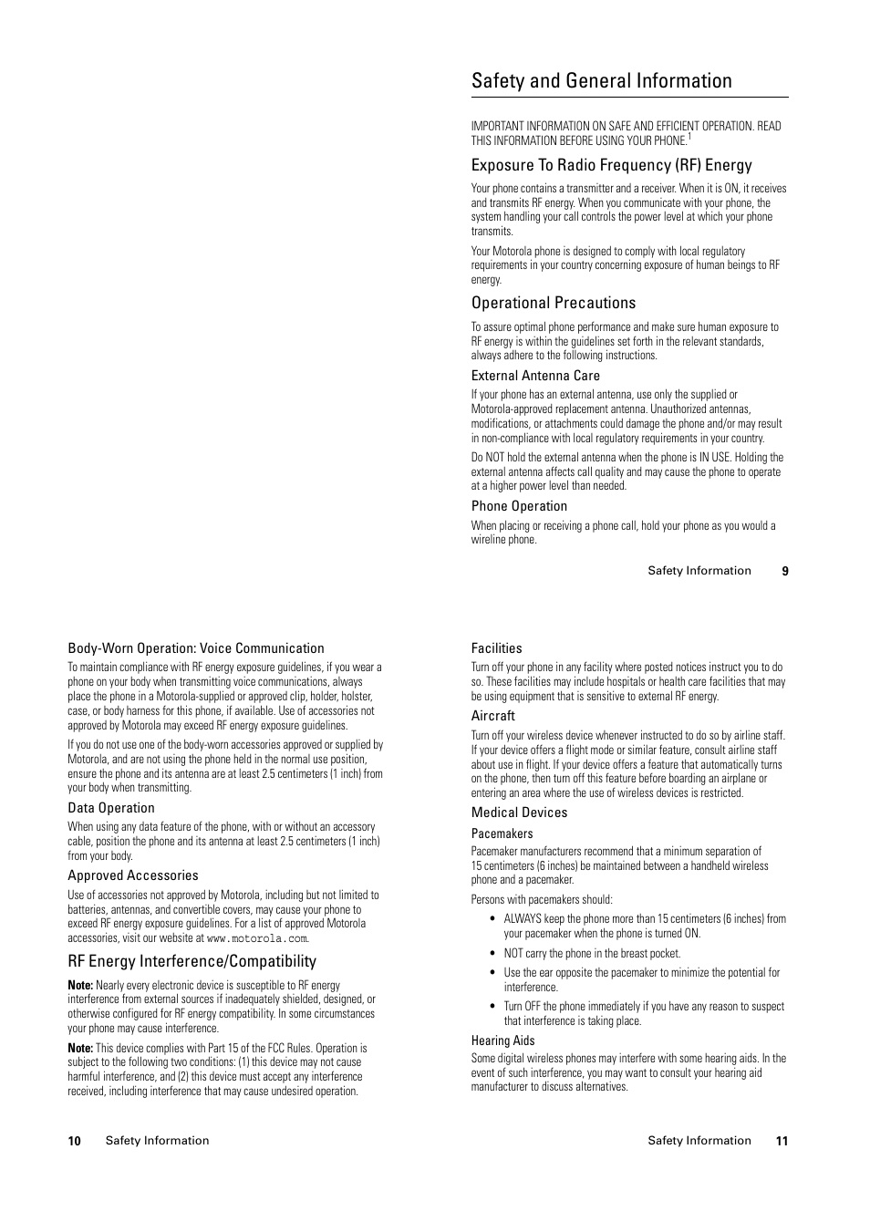 Safety and general information, Exposure to radio frequency (rf) energy, Operational precautions | Rf energy interference/compatibility | Motorola C139 User Manual | Page 5 / 26