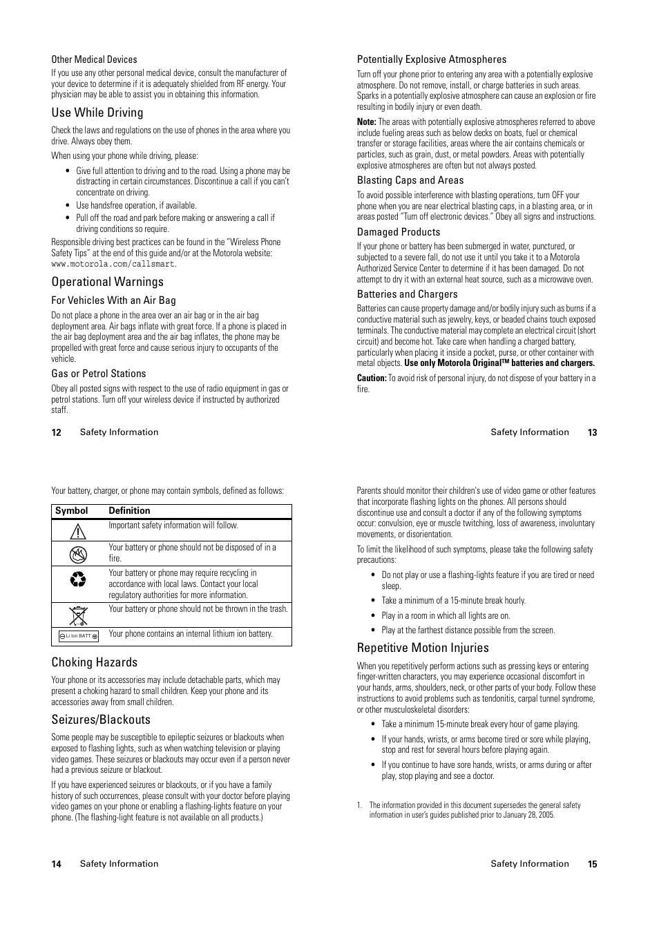 Use while driving, Operational warnings, Choking hazards | Seizures/blackouts, Repetitive motion injuries | Motorola C139 User Manual | Page 6 / 26