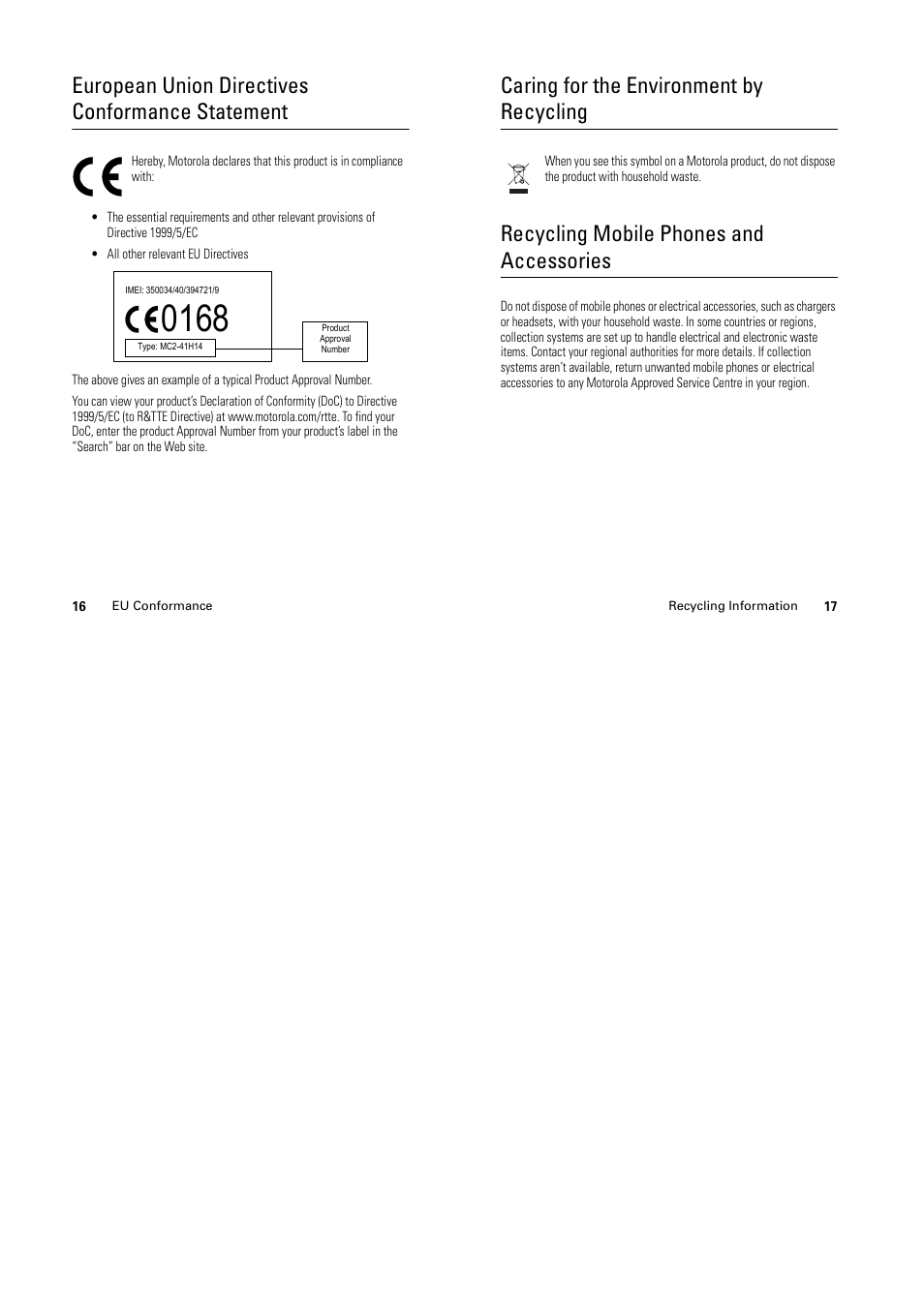 European union directives conformance statement, Caring for the environment by recycling, Recycling mobile phones and accessories | Motorola C139 User Manual | Page 7 / 26