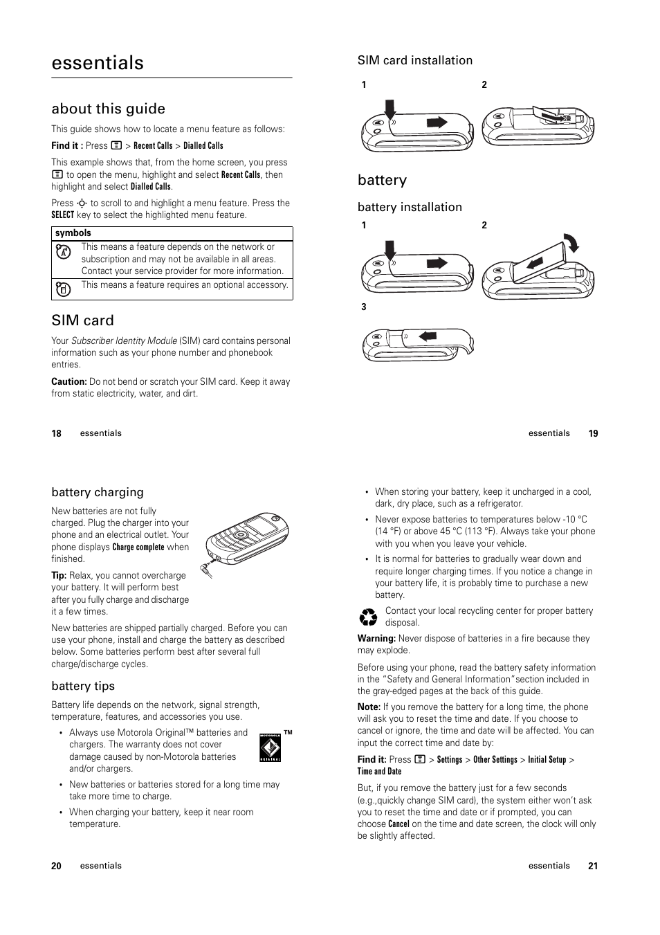 Essentials, About this guide, Sim card | Battery | Motorola C139 User Manual | Page 8 / 26