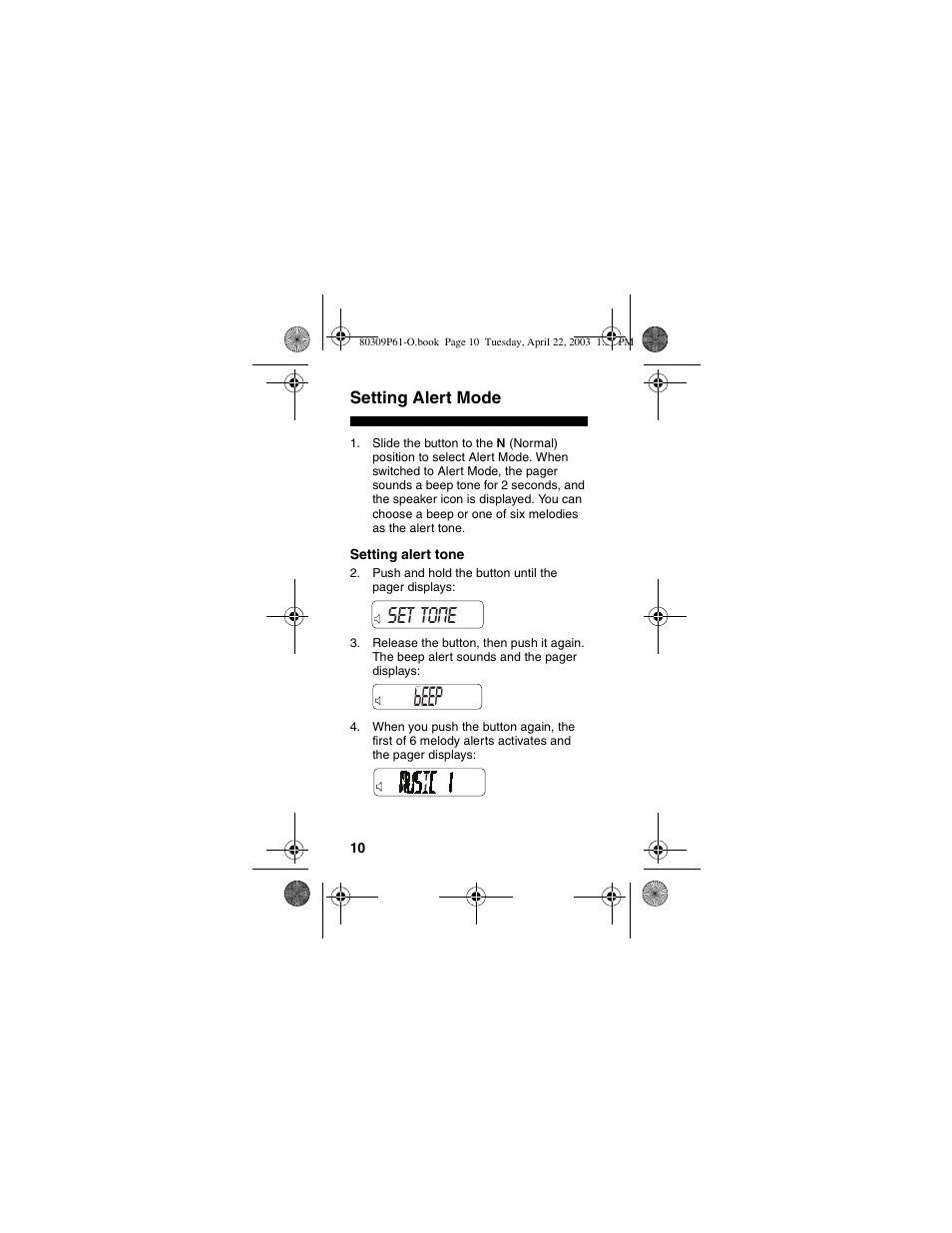 Setting alert mode, Setting alert tone, Beep | Set tone | Motorola LS355 User Manual | Page 10 / 24