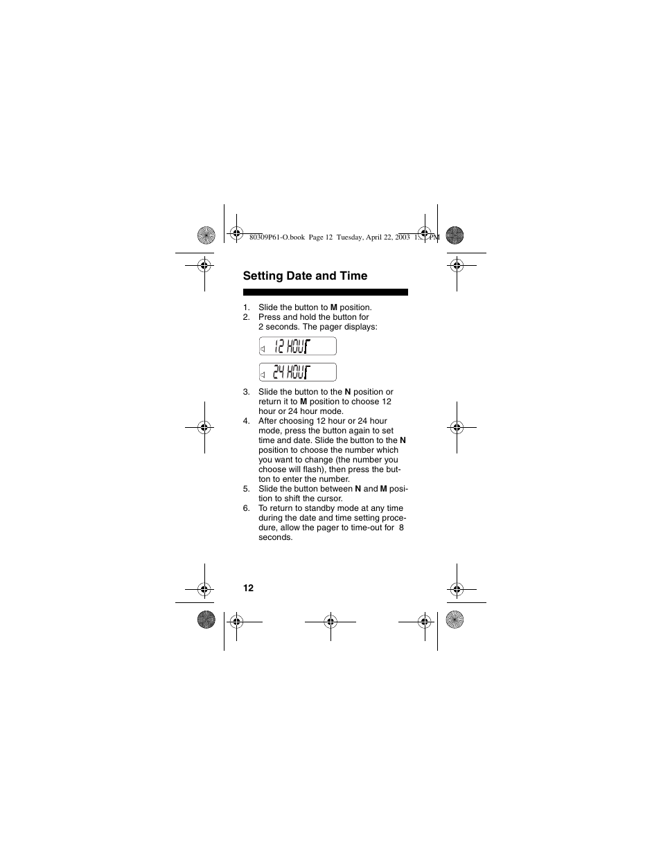 Setting date and time, 12 hou 24 hou | Motorola LS355 User Manual | Page 12 / 24