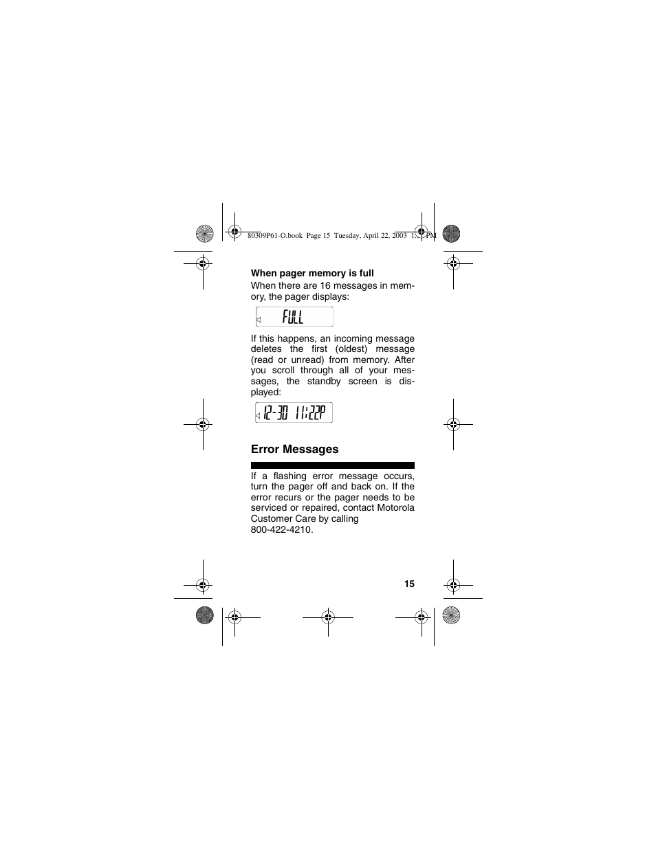 Error messages | Motorola LS355 User Manual | Page 15 / 24