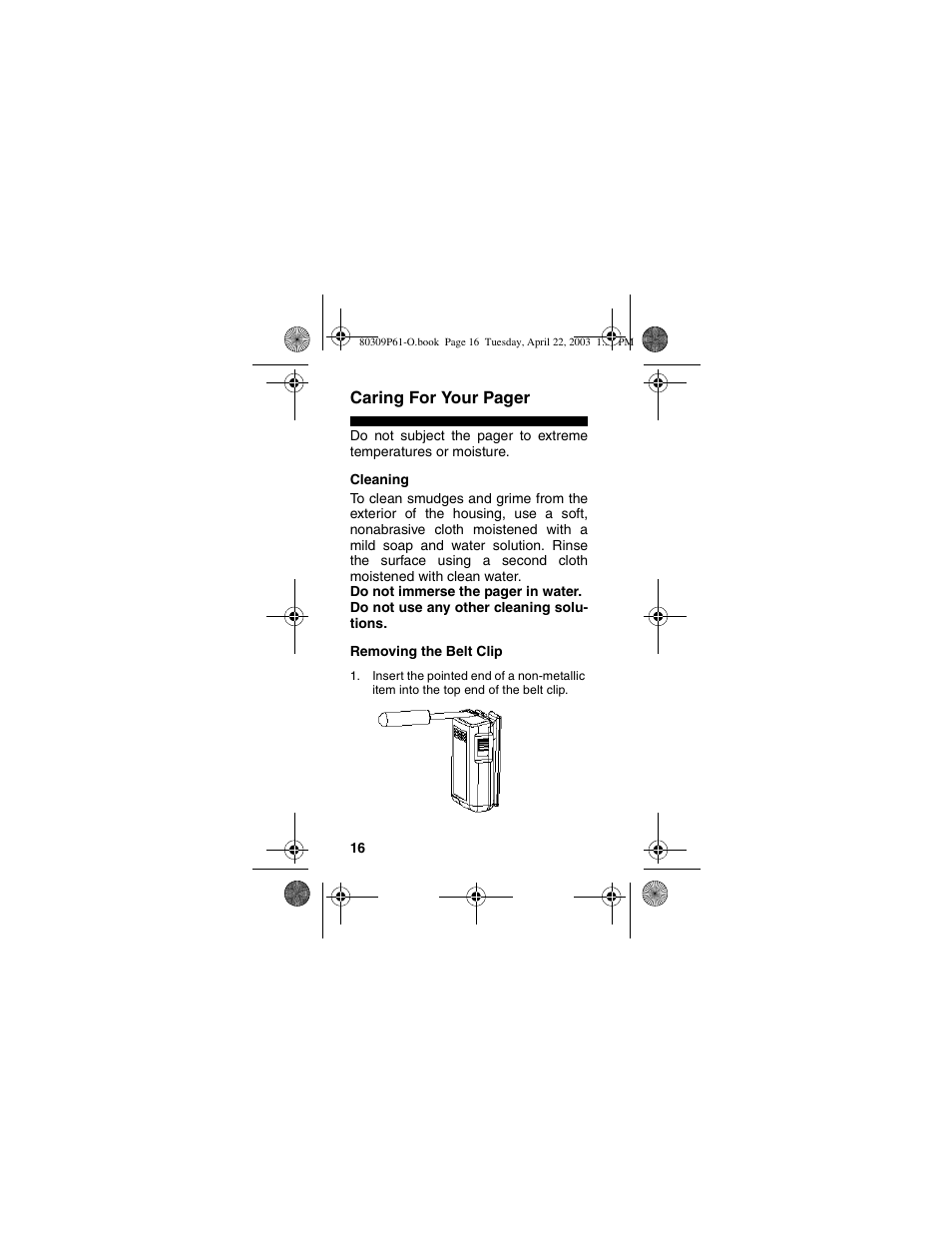 Cleaning, Removing the belt clip, Cleaning removing the belt clip | Caring for your pager | Motorola LS355 User Manual | Page 16 / 24