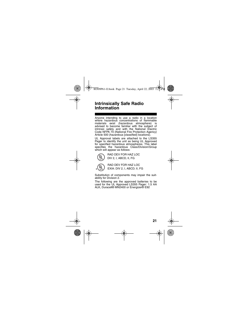 Intrinsically safe radio information, Intrinsically safe radio information 21 | Motorola LS355 User Manual | Page 21 / 24