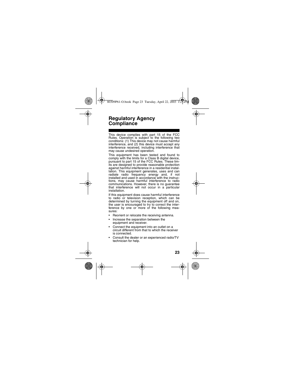 Regulatory agency compliance | Motorola LS355 User Manual | Page 23 / 24